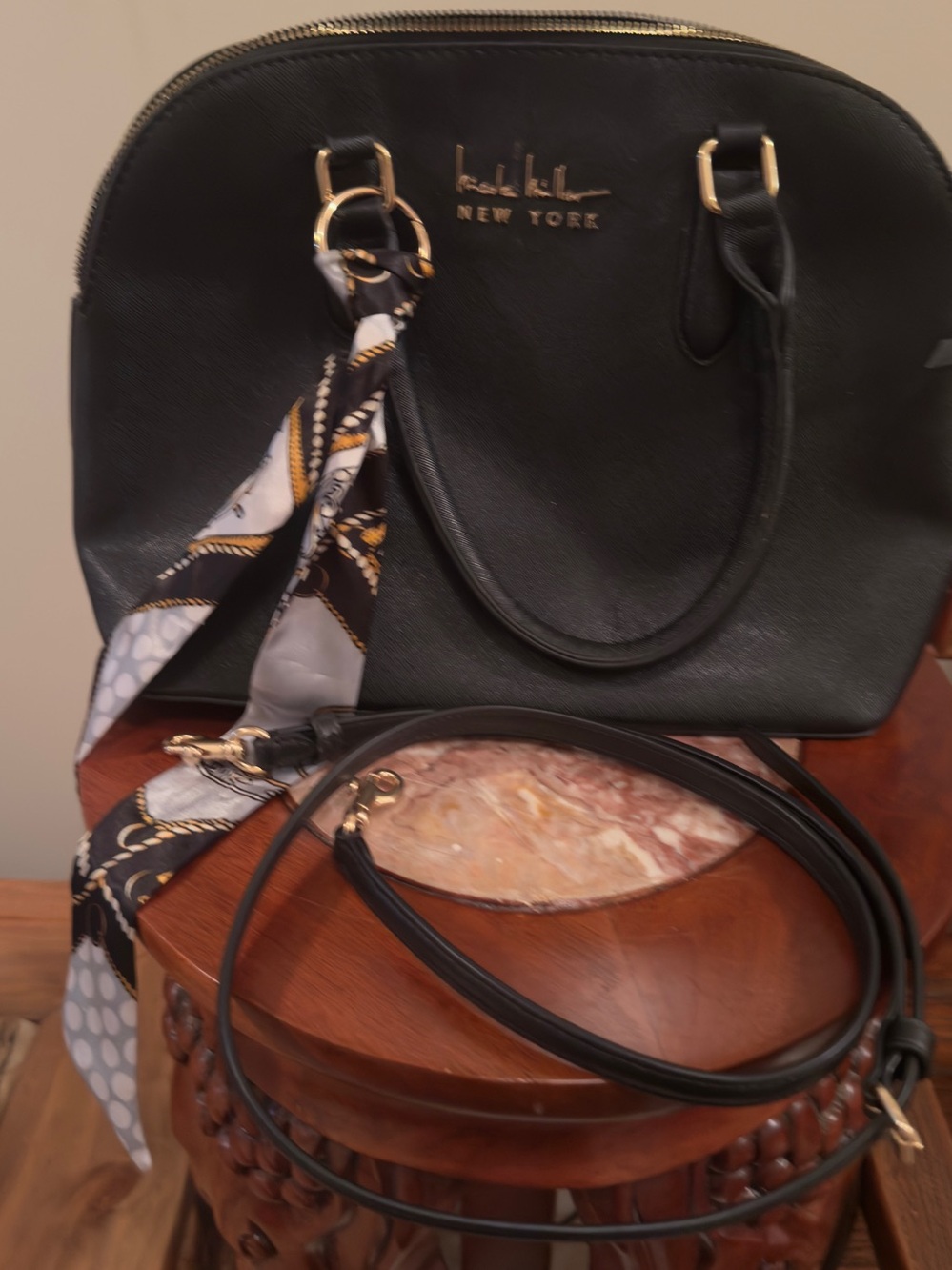 Black Dome Satchel with Scarf Accent